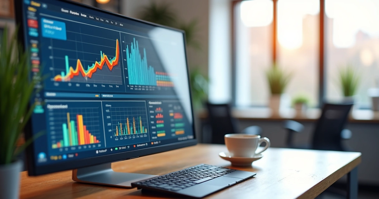 Dashboard digital mostrando gráficos de vendas, marketing e operações em tela de computador 