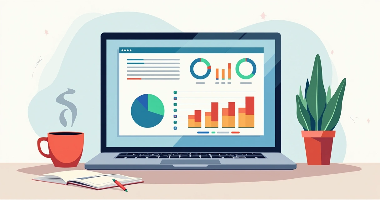 Dashboard colorido de BI com gráficos de viagens corporativas em tela de notebook 