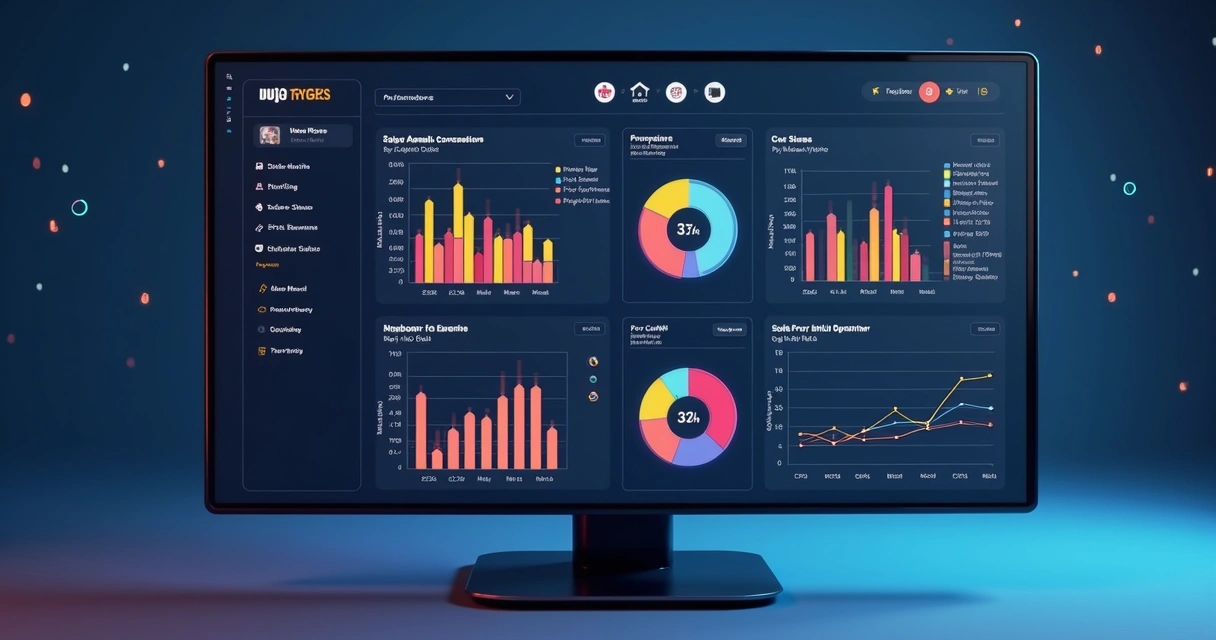 Modelo 3D de dashboard digital com gráficos, faturamento e indicadores de lucro em tela azul escura 