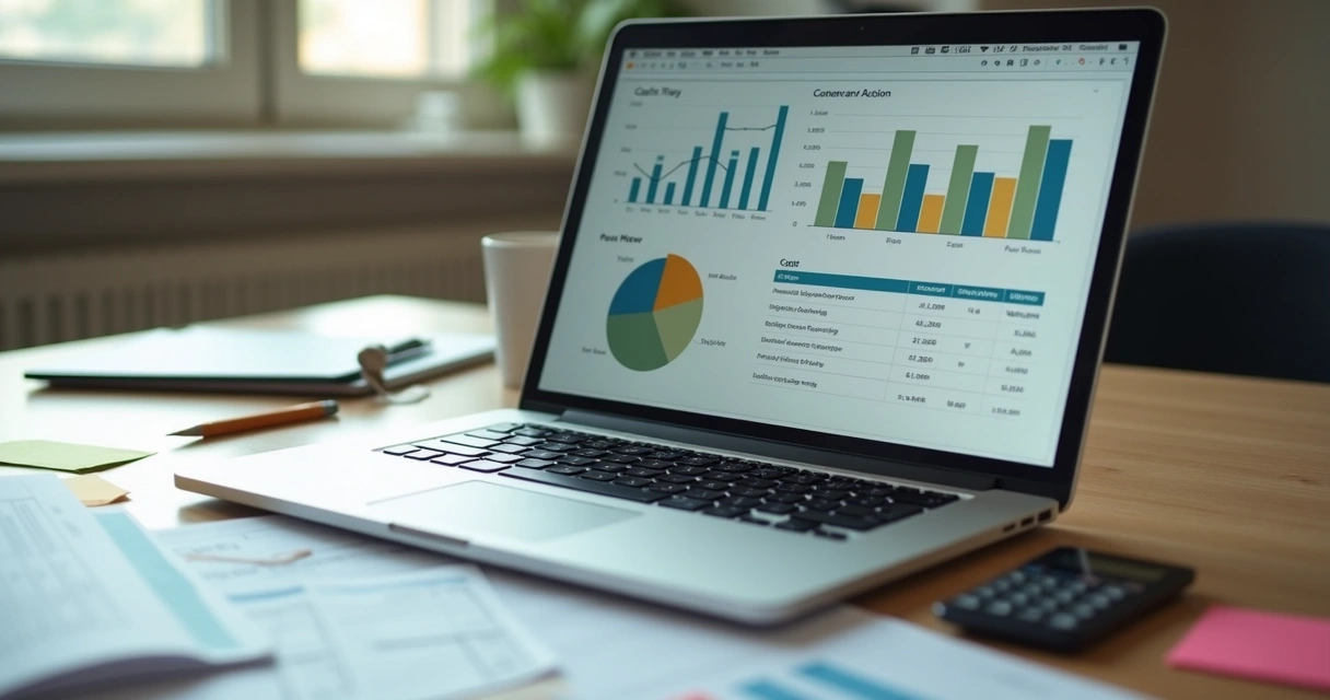 Dashboard financeiro com fluxo de caixa e gráficos de vendas. 