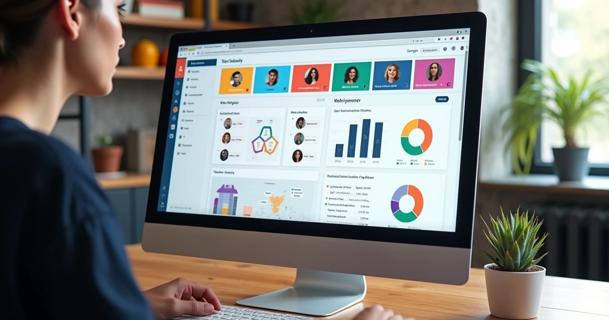 Tela de dashboard de campanha de influenciadores digitais com gráficos coloridos e fotos de criadores 