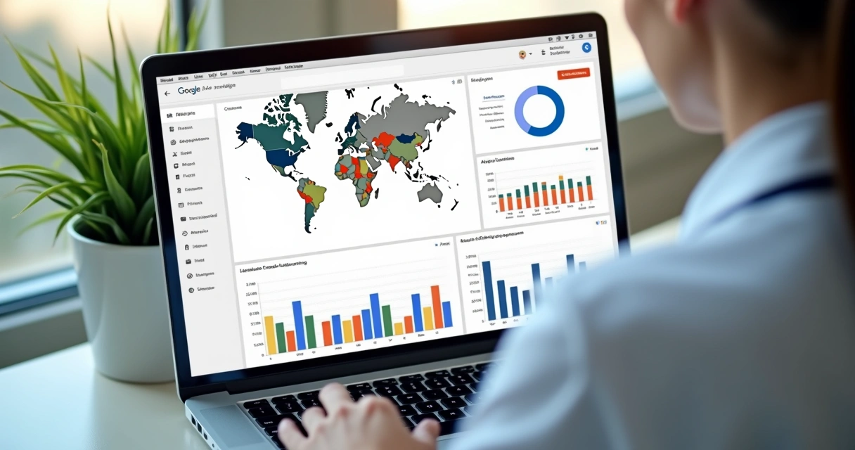 Dashboard de desempenho de campanha Google Ads com mapa e gráficos 