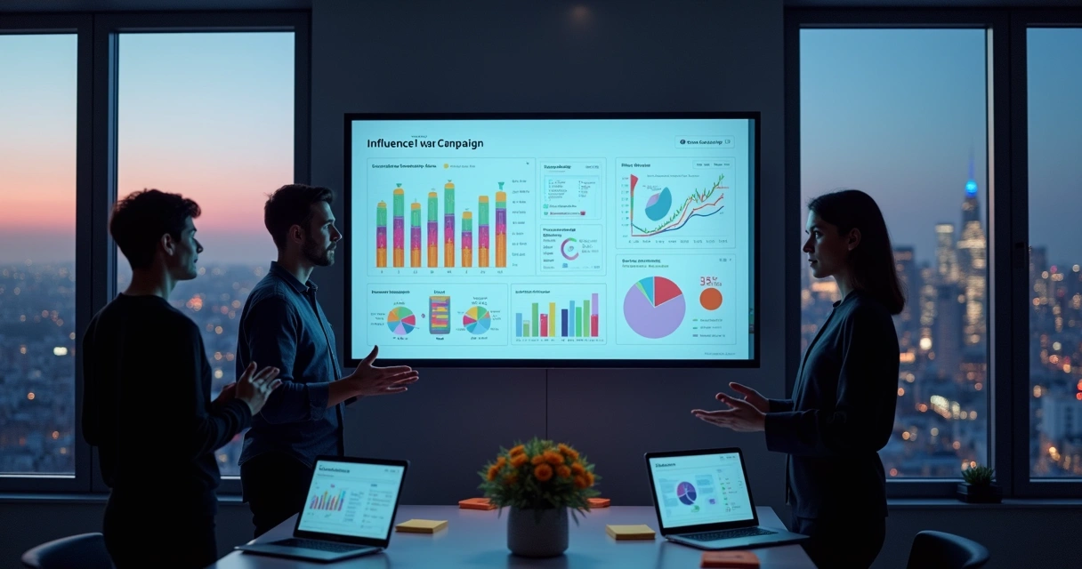 Dashboard digital mostrando gráficos de campanhas de influência, pessoas analisando dados 