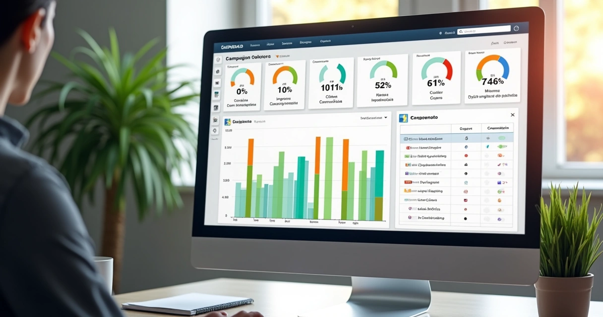 Dashboard de campanha de tráfego pago em monitor de computador 