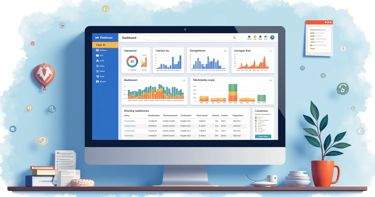 Painel digital mostrando campanhas centralizadas de Google Ads e Meta Ads por cliente, público e palavra-chave 