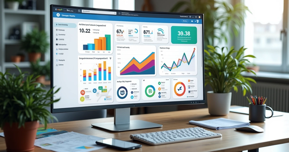 Dashboard digital mostrando gráficos detalhados e KPIs para várias campanhas de anúncios simultaneamente 