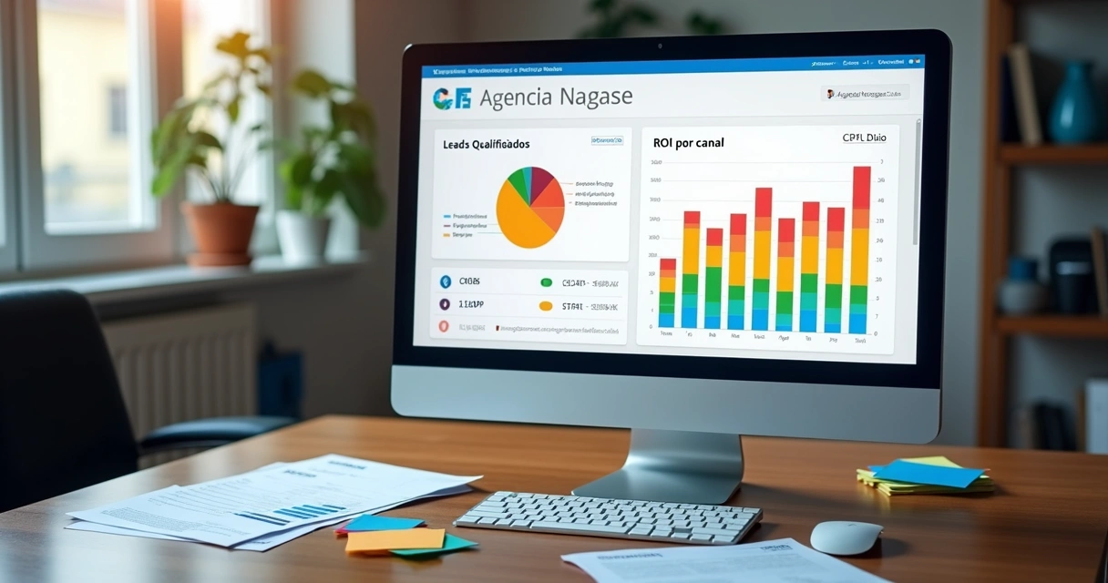 Dashboard de campanhas de tráfego pago com gráficos coloridos 