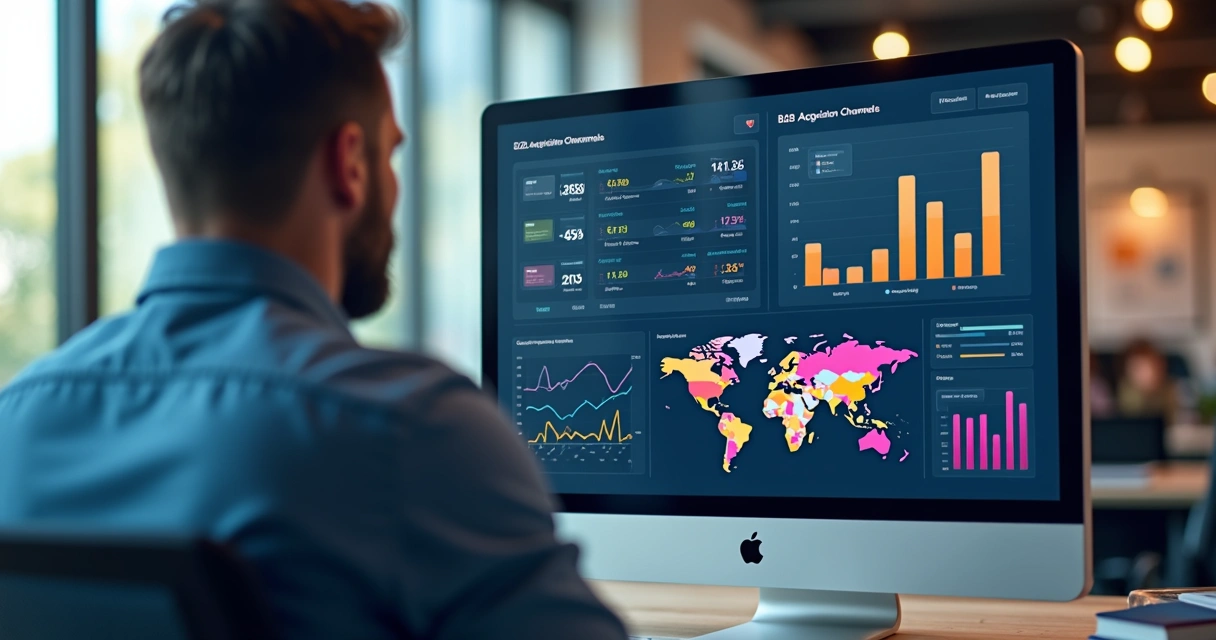Dashboard de métricas de canais de aquisição B2B em tela de computador moderna 