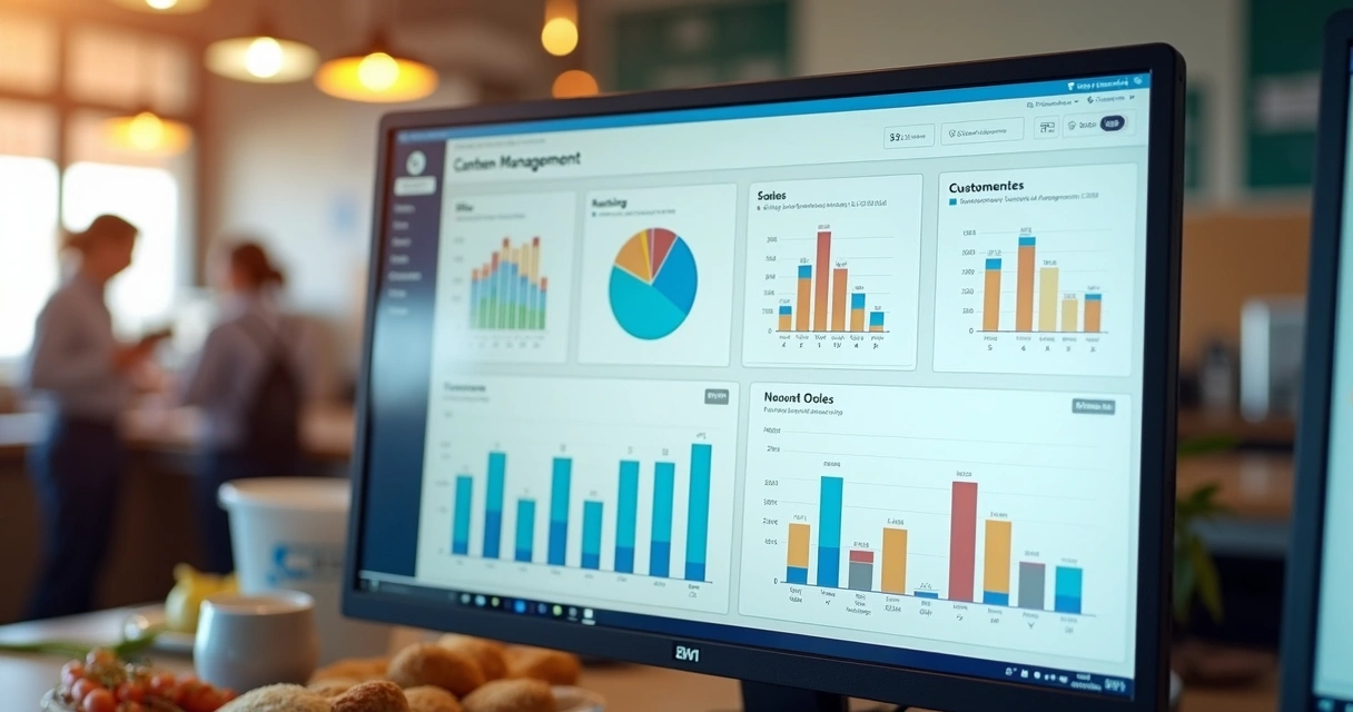 Dashboard de gestão de cantina com gráficos e relatórios digitais 