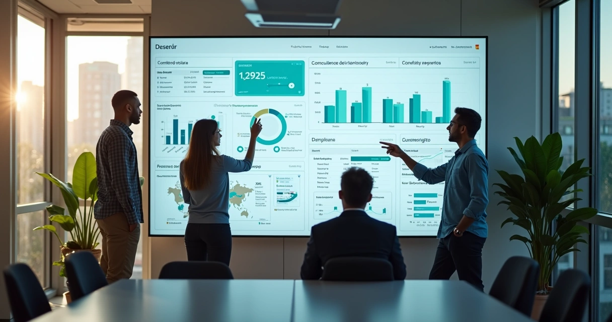 Painel digital de centralização de dados corporativos em português, com gráficos e relatórios detalhados 