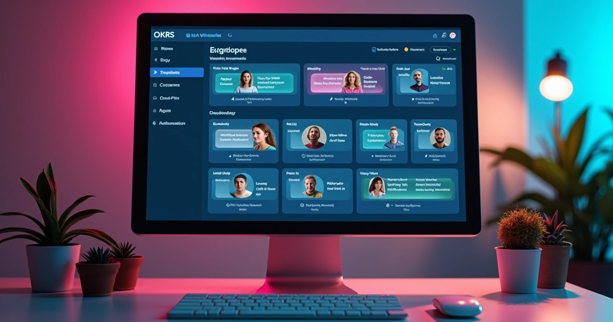Dashboard digital mostrando progresso de OKRs com responsáveis alternados 