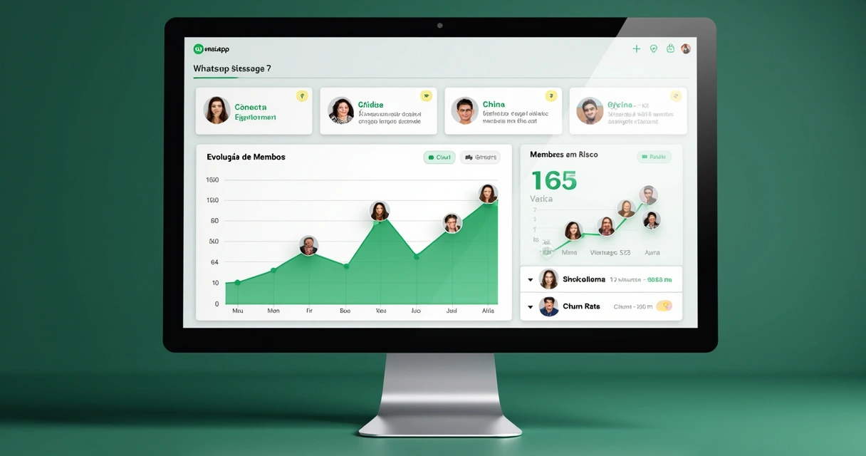 Dashboard mostrando a evolução da taxa de churn e engajamento em grupos WhatsApp 