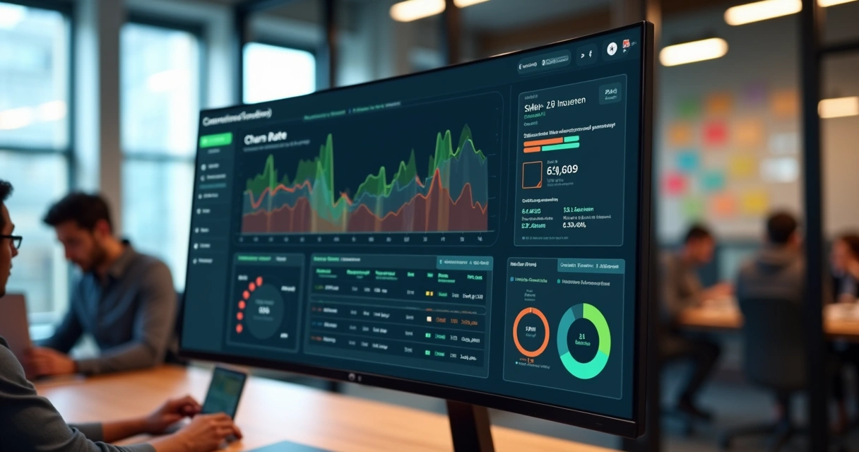 Painel de métricas SaaS exibindo churn rate e gráficos de cancelamento de clientes 