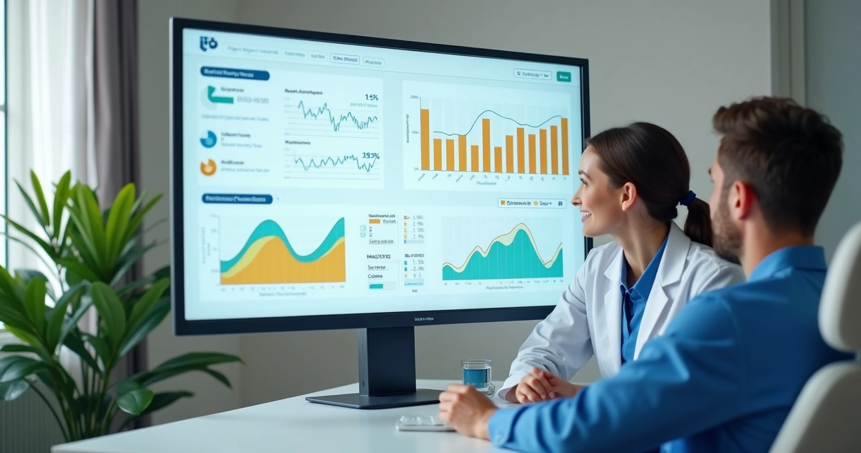 Dashboard digital de clínica odontológica exibindo dados e gráficos 