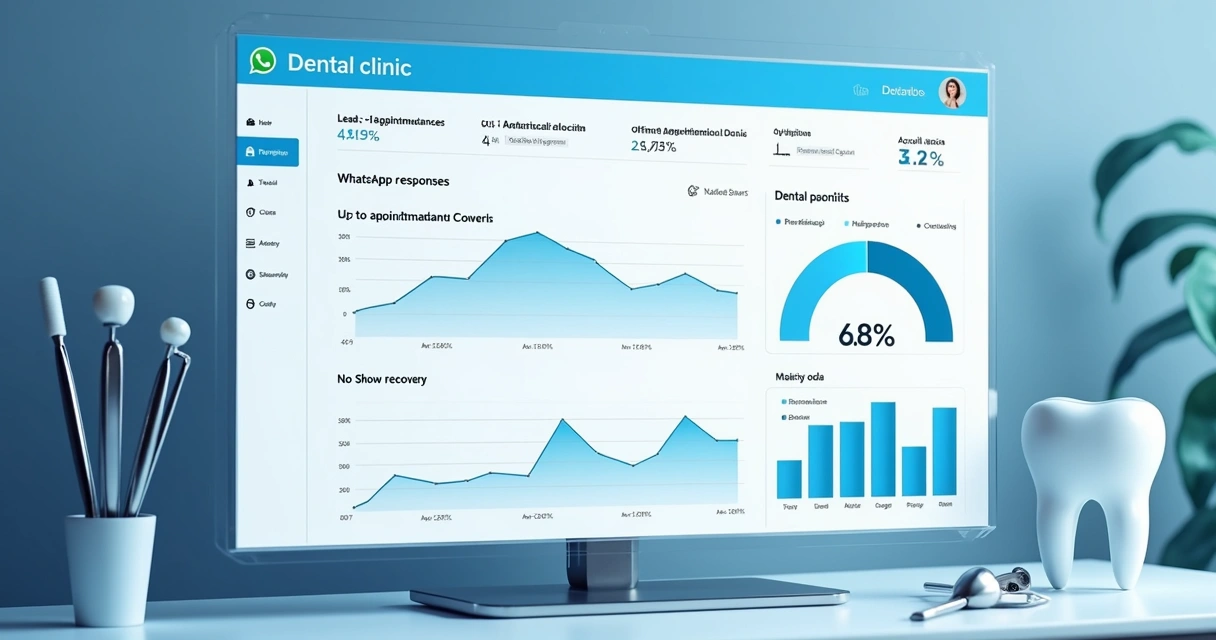 Dashboard de clínica odontológica mostrando relatórios de agendamento e taxa de comparecimento 