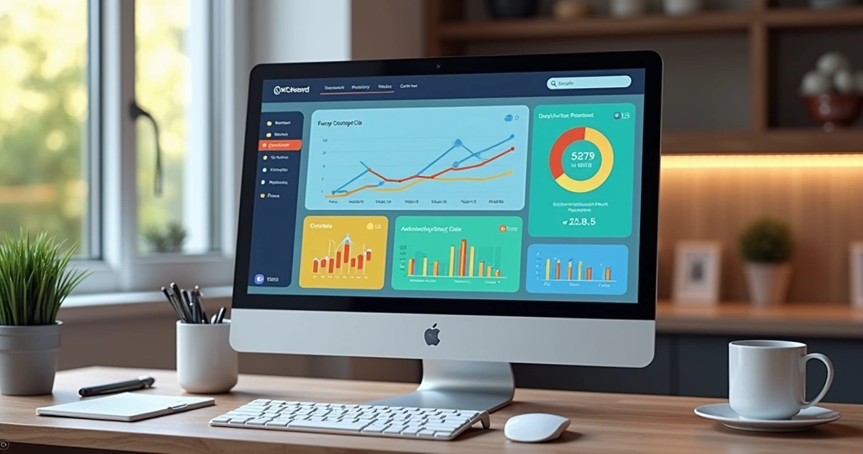 Dashboard de plataforma de clube de vantagens com gráficos coloridos. 