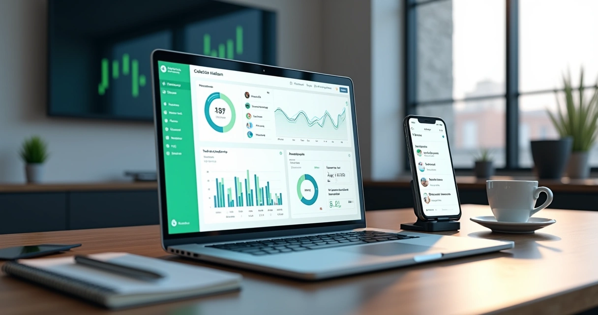 Dashboard de cobrança automatizada com métricas em tempo real na tela de um notebook 