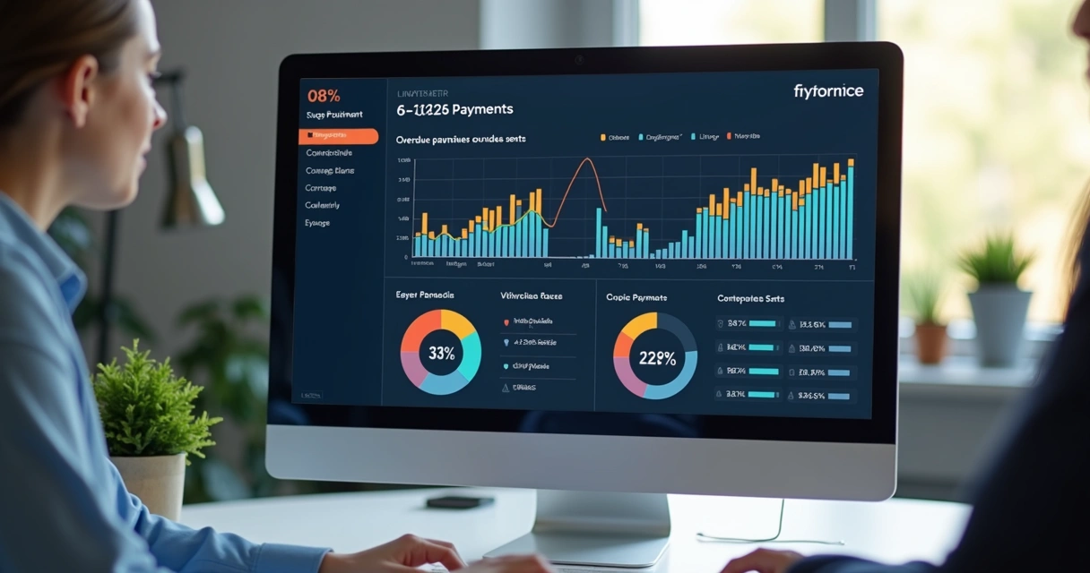 Dashboard digital de cobranças com gráficos coloridos mostrando inadimplência caindo 