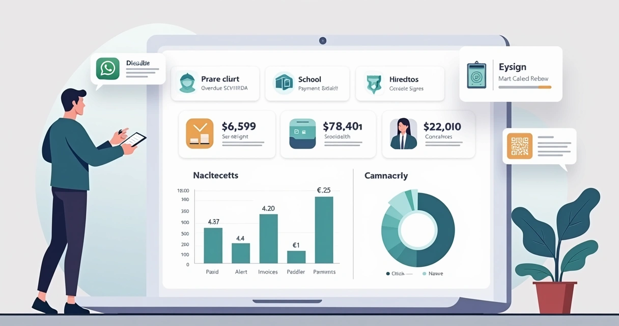 Painel digital mostrando cobranças automatizadas para escolas