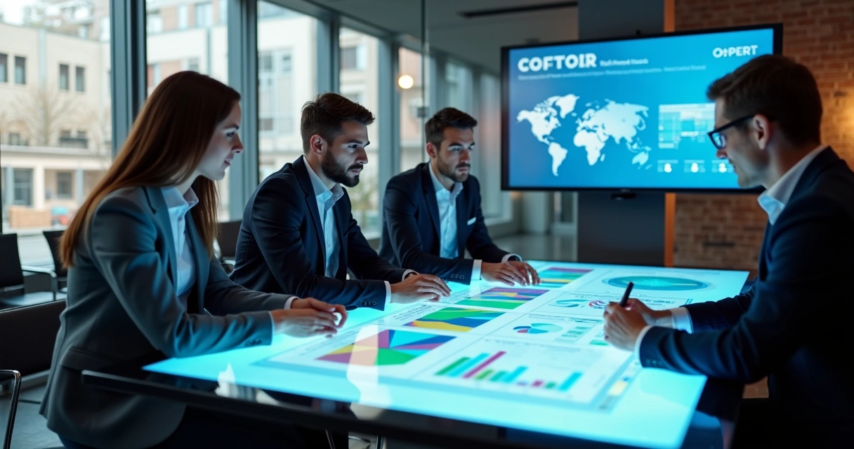 Equipe colaborando em painel interativo ERP 
