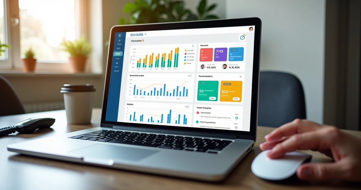 Tela de dashboard corporativo personalizado em monitor de notebook 