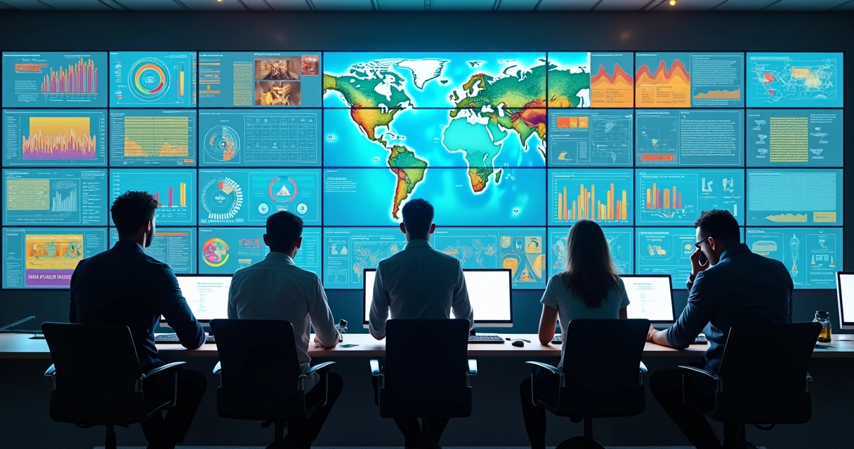 Dashboard colorido com gráficos, tabelas e indicadores de desempenho, exibindo dados em tempo real em uma central de monitoramento de órgão público. 