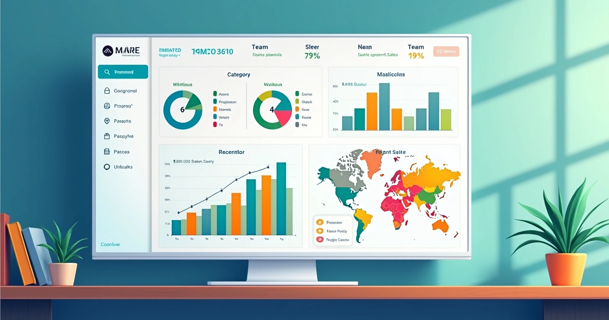 Dashboard mostrando gráficos de vendas por categorias e regiões. 
