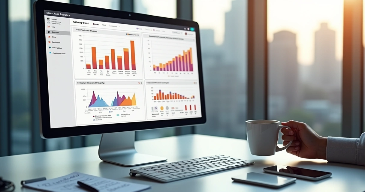 Dashboard de vendas e insights de IA em tela de computador 