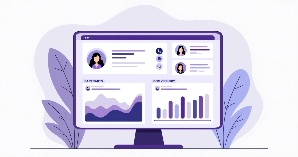 Dashboard digital de comissões de parceiros com gráficos, barras de progresso e listagem sintética. Cor roxo predominante, detalhes cinza e azul. 
