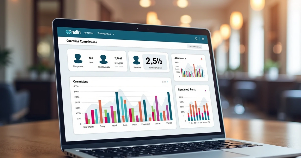 Gráfico de comissões em dashboard de sistema de barbearia com ícones de funcionários e números destacados 