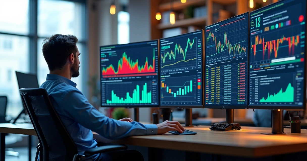 A digital trading dashboard with real-time charts, pricing models, volatility surface graphics, and risk maps displayed on large monitors, with a financial analyst working at the desk