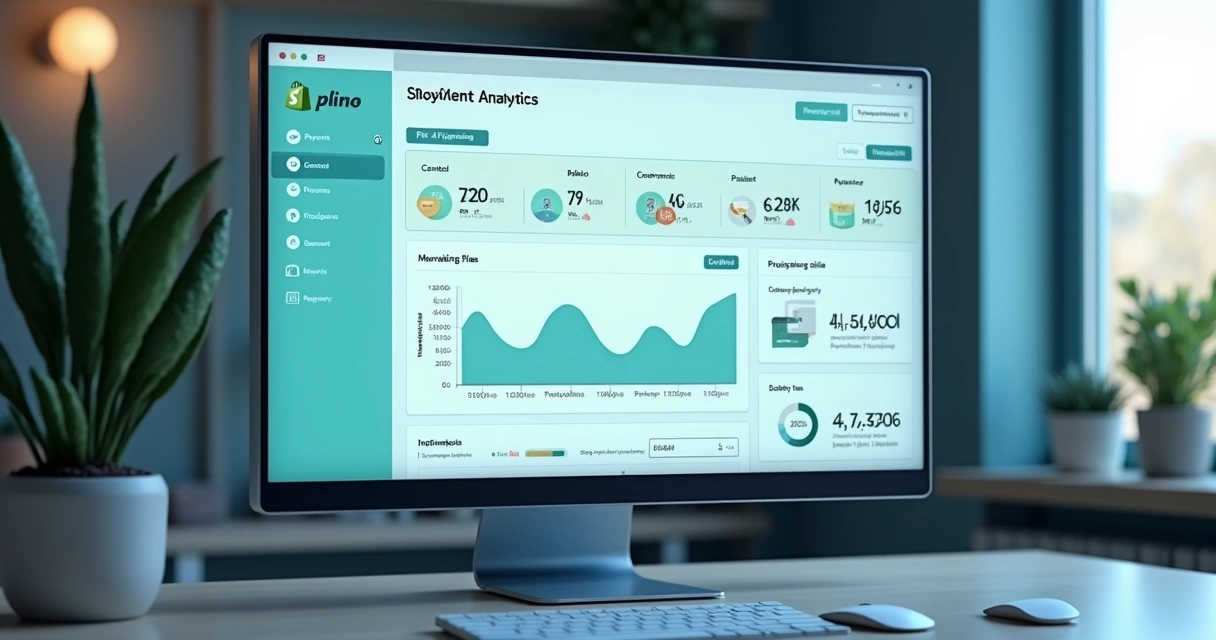 Dashboard moderno mostrando estatísticas de pagamentos Shopify com gráficos de Pix, boleto, cartão e compras internacionais. 