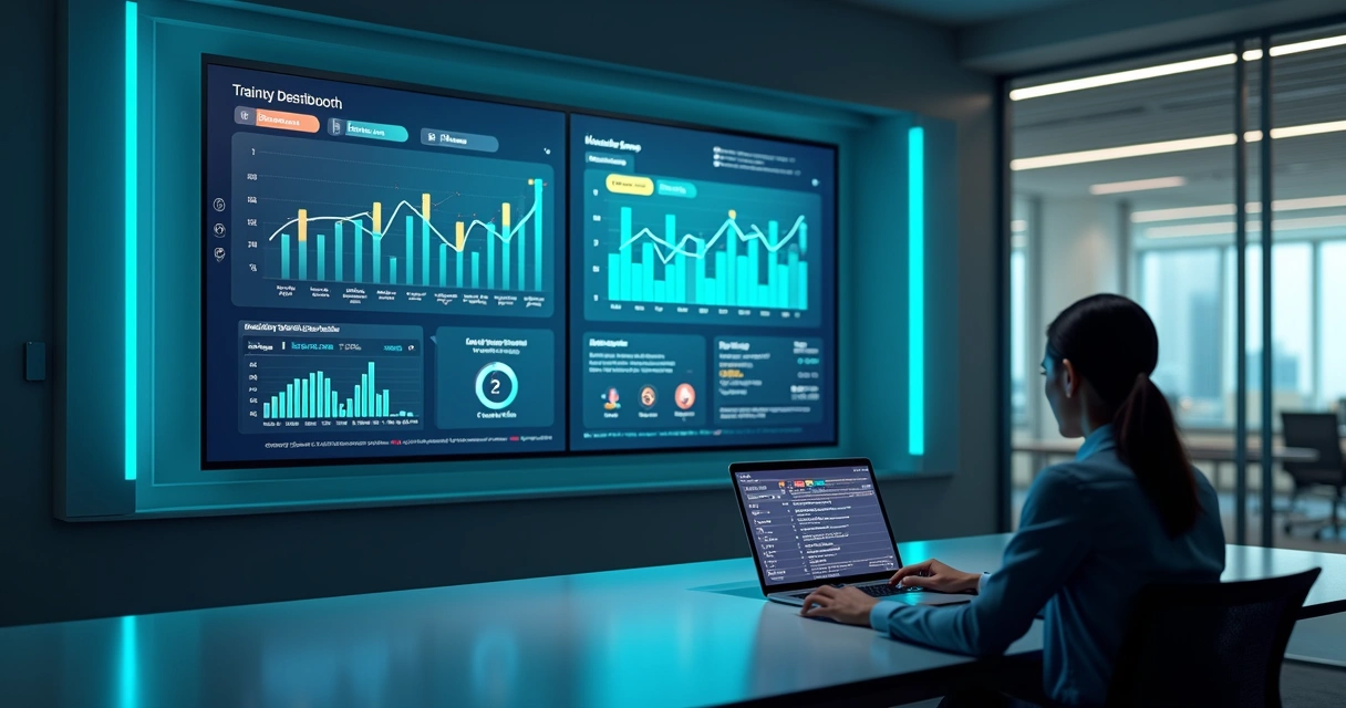 Painel digital mostrando gráficos de compliance e aprovação mínima em treinamentos corporativos 