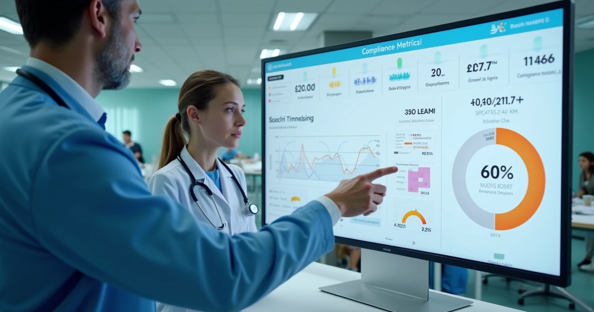 Dashboard digital mostrando indicadores de compliance clínico 