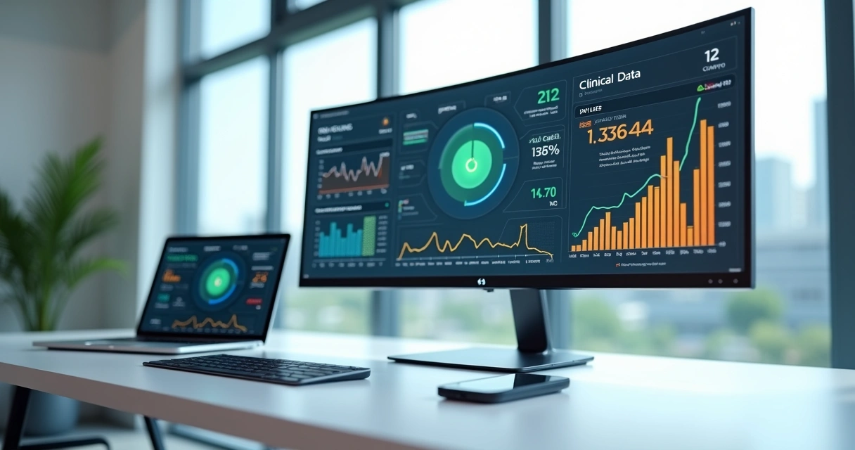 Dashboard digital com gráficos e indicadores de compliance de dados clínicos em tela moderna 