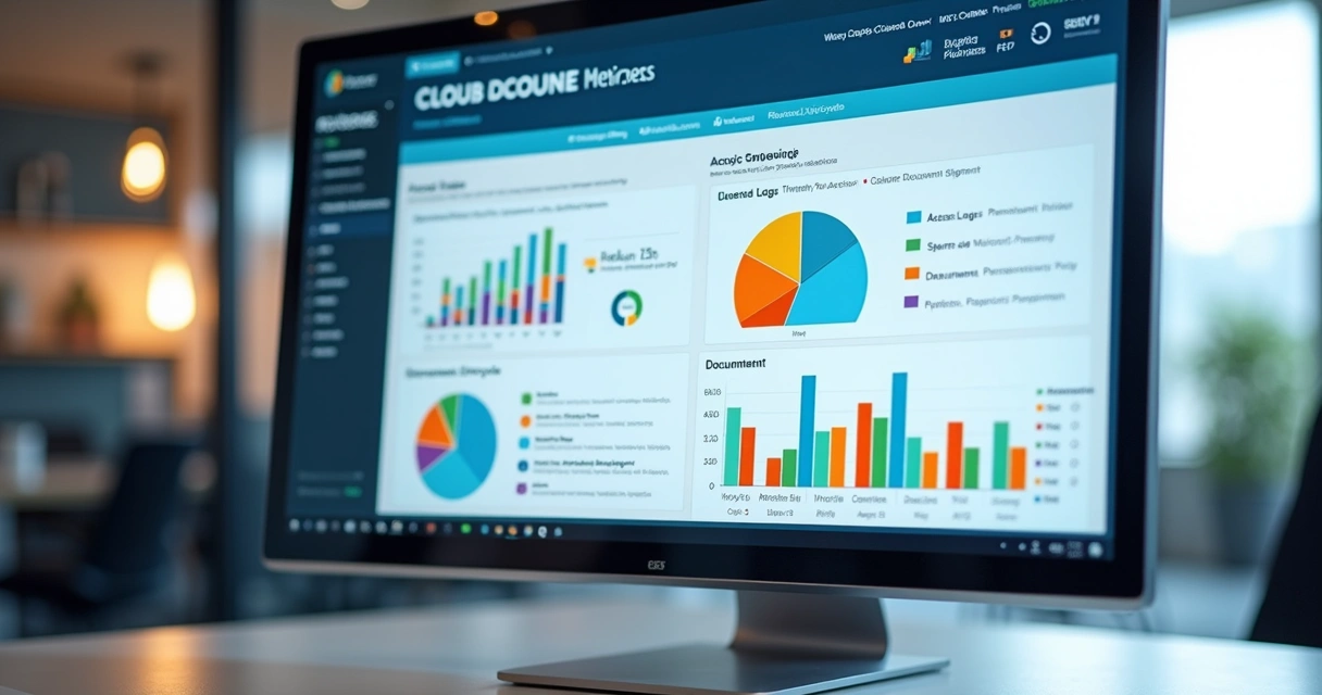 Dashboard digital de compliance em nuvem com gráficos coloridos 