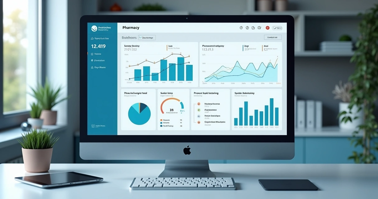 Painel digital de compras mostrando dados de estoque e vendas em farmácia 