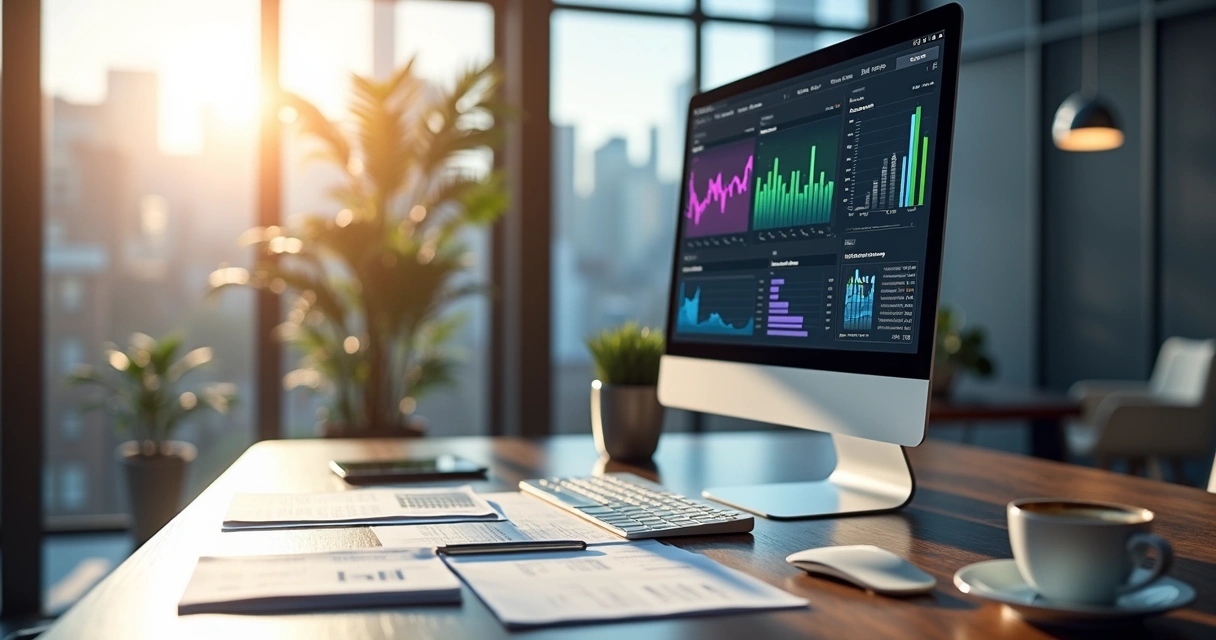 Painel digital com gráficos de conciliação contábil em tela de computador 