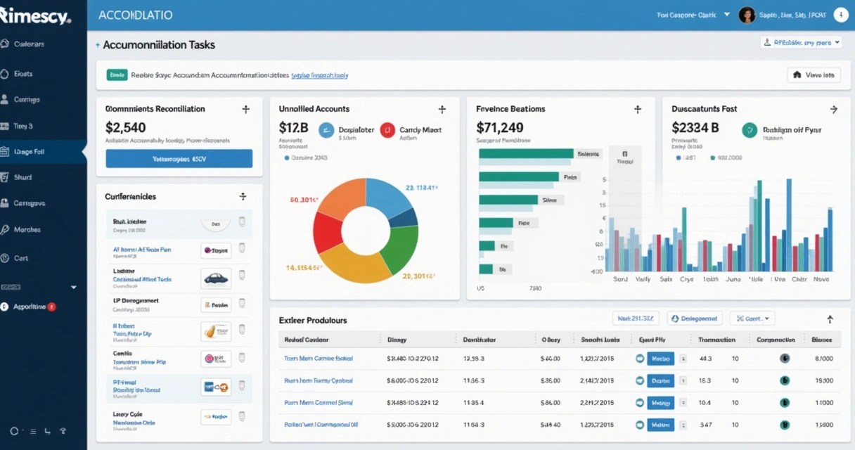 Painel digital de conciliação contábil com gráficos e agentes de IA. 