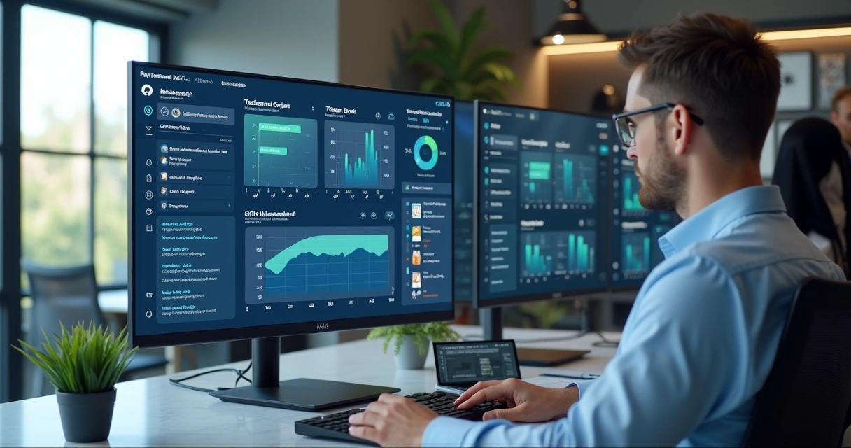 Painel digital com dashboard de tarefas, prazos e histórico de condomínio