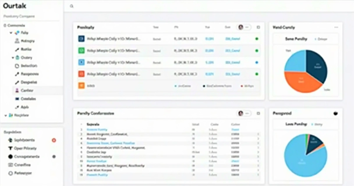Dashboard digital com listagem de tarefas, prazos coloridos e gráficos de status. 