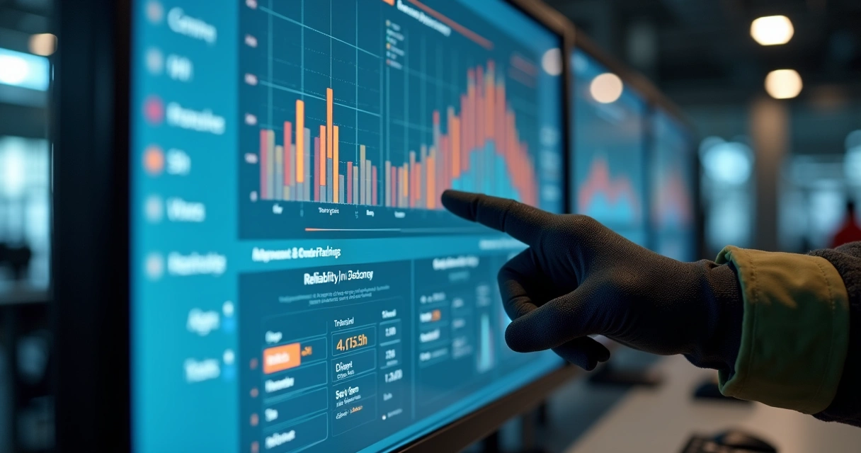Dashboard de confiabilidade exibido em monitor industrial 