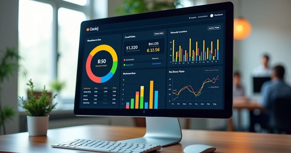 Gráficos de taxas de confirmação e faltas em painel digital de clínica de psicologia 