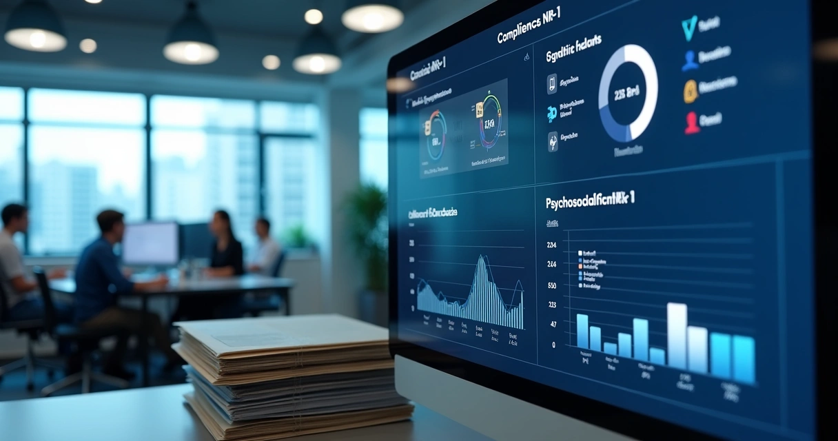 Dashboard digital mostrando conformidade da empresa com a NR-1 
