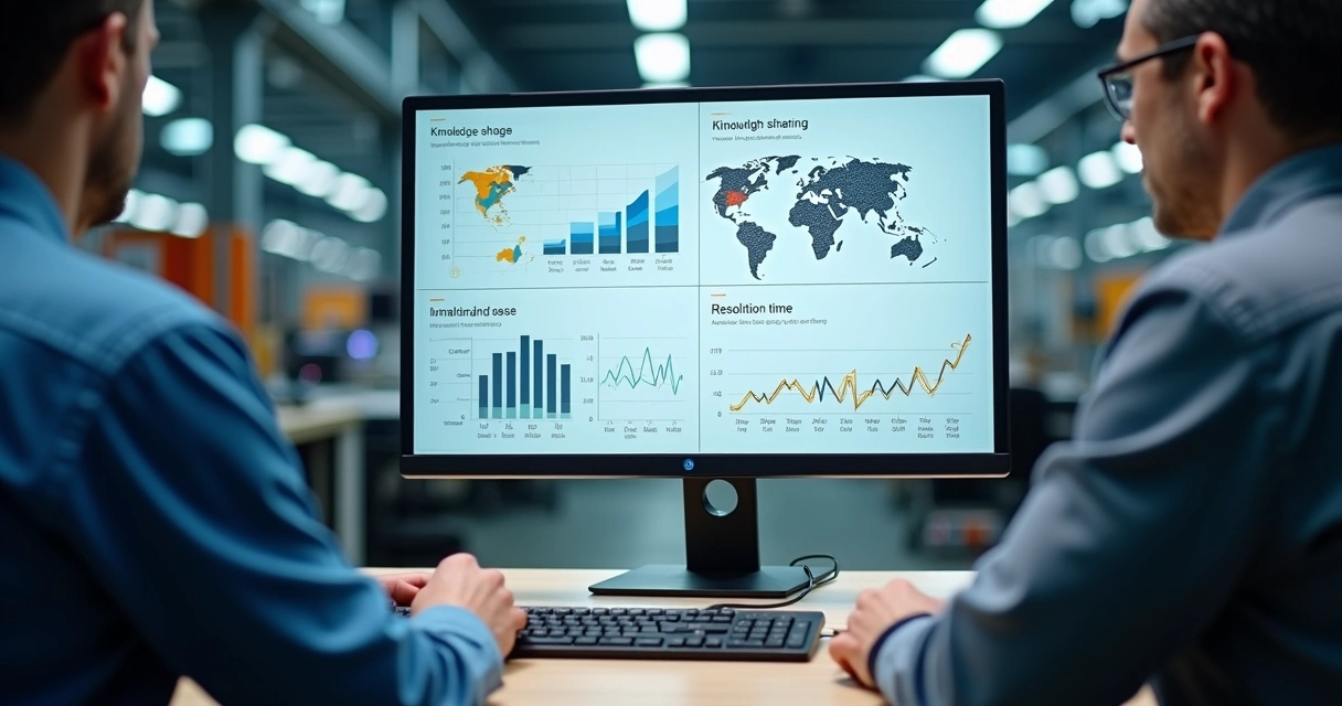 Dashboard digital mostra indicadores de conhecimento acessados por equipe industrial 
