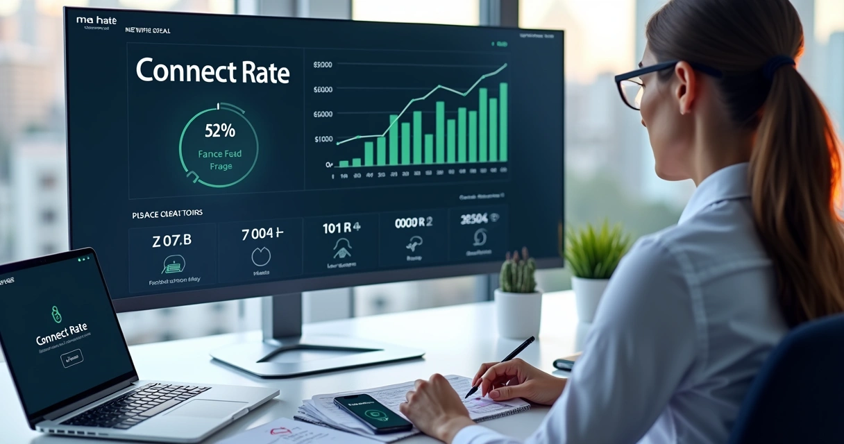 Analista de marketing olhando painel com taxa de connect em campanhas Meta no computador 