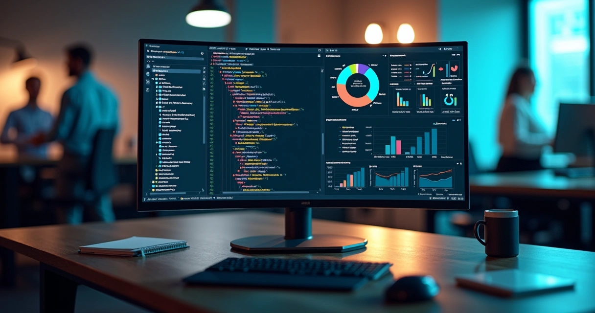 Painel com código SQL em destaque e gráficos de desempenho ao fundo 