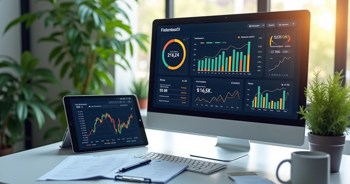 Tela de dashboard financeiro em computador, mostrando gráficos de receitas, despesas e saldo 