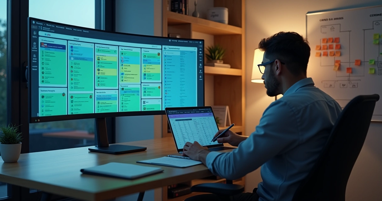 Consultor visualiza painel único atendendo várias empresas em plataforma de treinamentos 