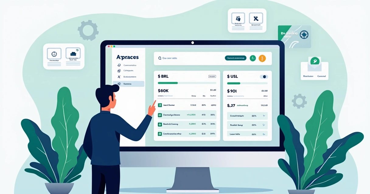Painel digital de gestão de pagamentos internacionais com múltiplas moedas